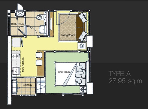  1 Bedroom ขนาด 27.95 ตารางเมตร