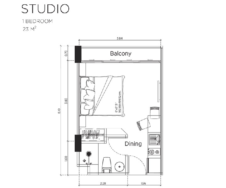 ห้องขนาด Studio room ขนาด 23 ตารางเมตร
